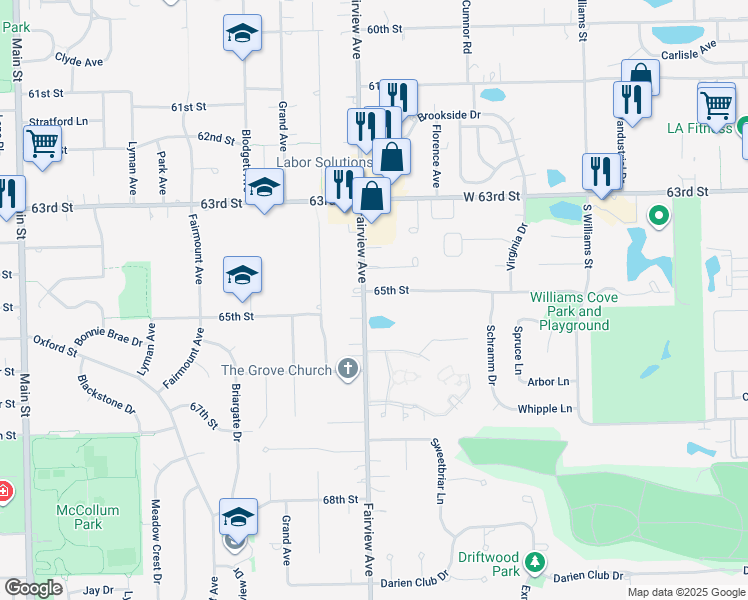 map of restaurants, bars, coffee shops, grocery stores, and more near 732 65th Street in Westmont