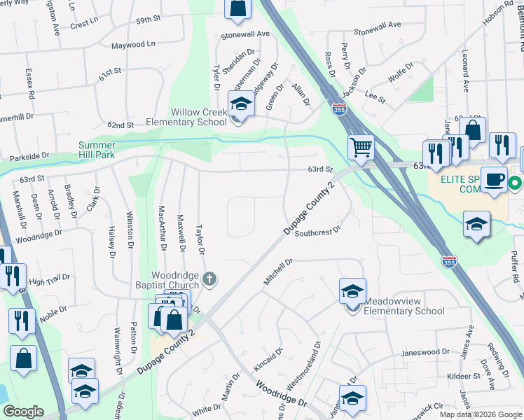 map of restaurants, bars, coffee shops, grocery stores, and more near 2711 Northcrest Drive in Downers Grove
