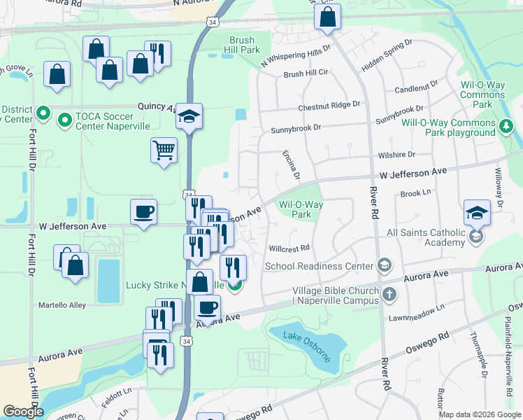 map of restaurants, bars, coffee shops, grocery stores, and more near 1447 West Jefferson Avenue in Naperville