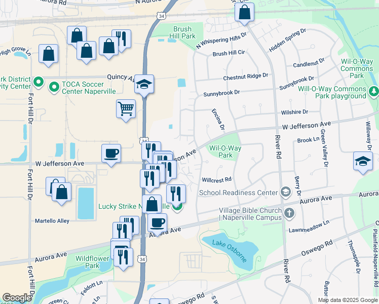 map of restaurants, bars, coffee shops, grocery stores, and more near 1447 West Jefferson Avenue in Naperville