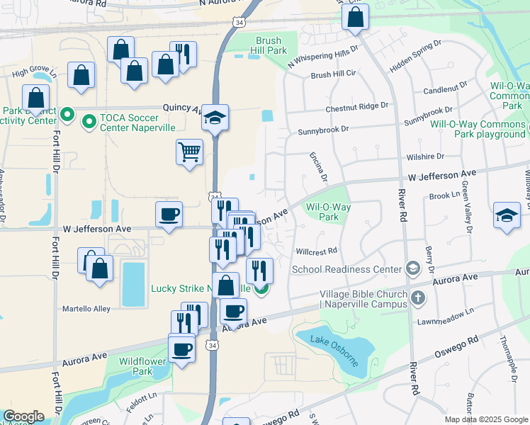 map of restaurants, bars, coffee shops, grocery stores, and more near 1505 West Jefferson Avenue in Naperville