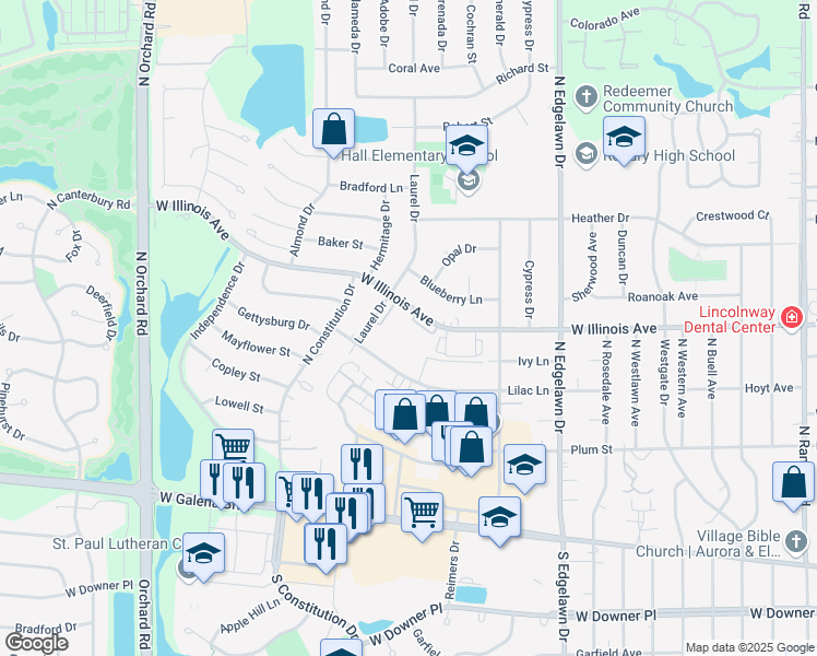 map of restaurants, bars, coffee shops, grocery stores, and more near 2029 West Illinois Avenue in Aurora