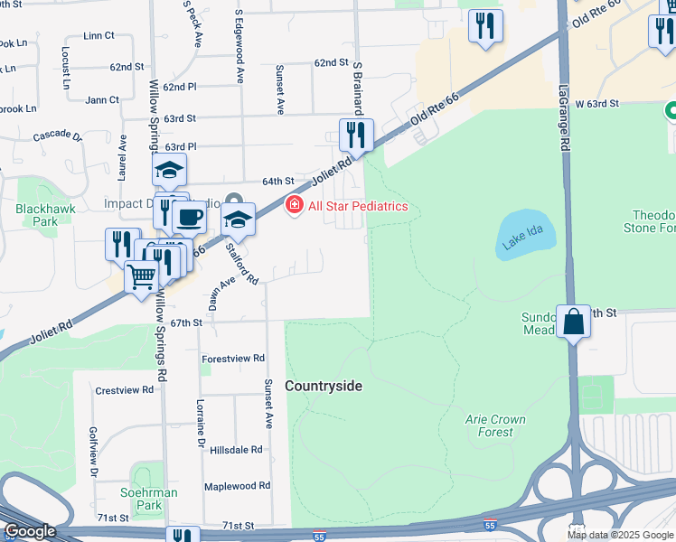 map of restaurants, bars, coffee shops, grocery stores, and more near 6670 South Brainard Avenue in Countryside