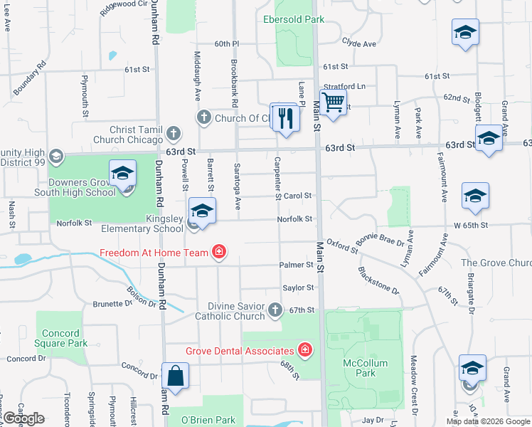 map of restaurants, bars, coffee shops, grocery stores, and more near 1112 Norfolk Street in Downers Grove