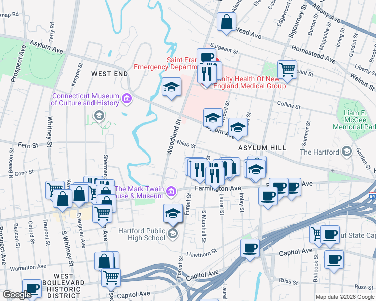 map of restaurants, bars, coffee shops, grocery stores, and more near 95 Niles Street in Hartford