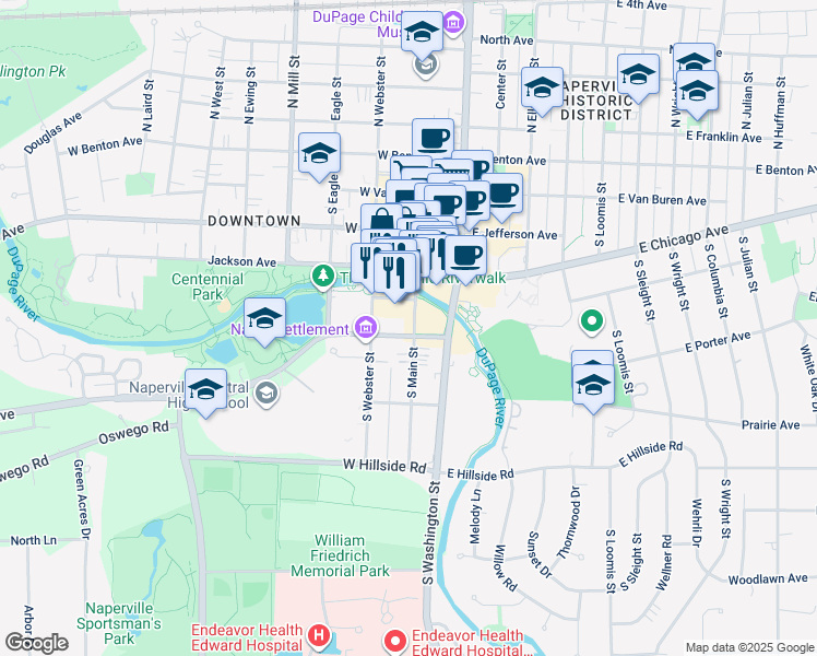 map of restaurants, bars, coffee shops, grocery stores, and more near 126 Water Street in Naperville