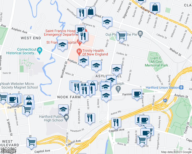 map of restaurants, bars, coffee shops, grocery stores, and more near 927 Asylum Avenue in Hartford