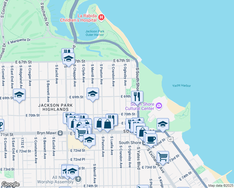map of restaurants, bars, coffee shops, grocery stores, and more near 6840 South Crandon Avenue in Chicago