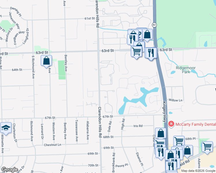 map of restaurants, bars, coffee shops, grocery stores, and more near 6503 Clarendon Hills Road in Willowbrook