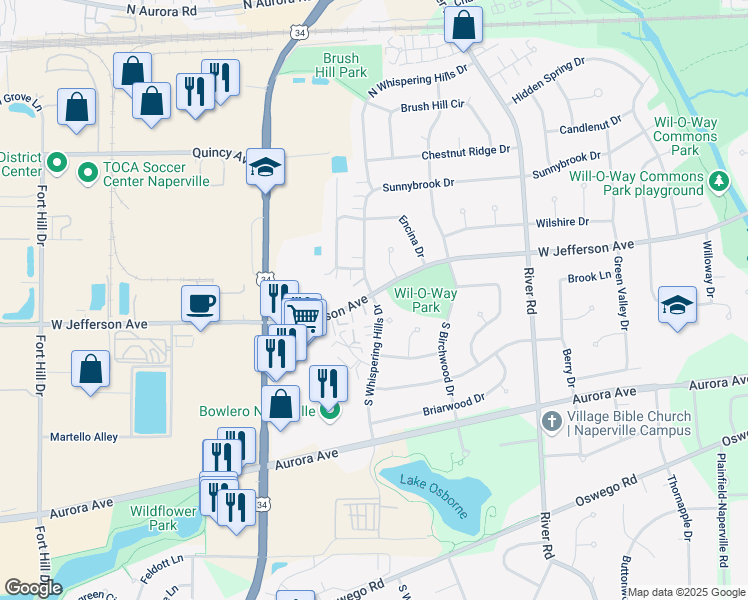 map of restaurants, bars, coffee shops, grocery stores, and more near 219 South Whispering Hills Drive in Naperville