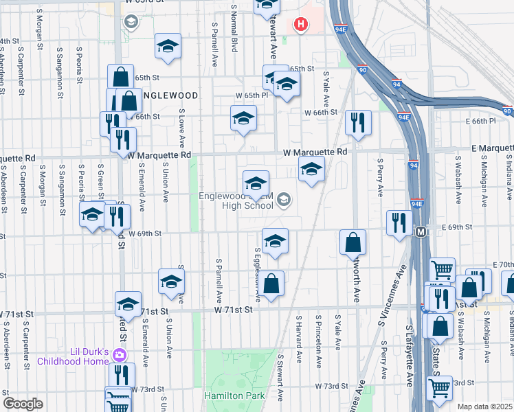 map of restaurants, bars, coffee shops, grocery stores, and more near 6835 South Normal Boulevard in Chicago