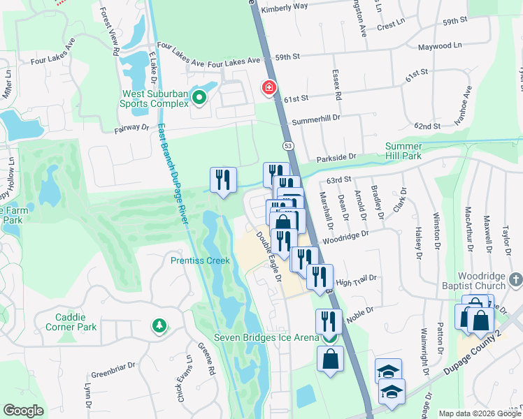 map of restaurants, bars, coffee shops, grocery stores, and more near 3555 Bunker Drive in Woodridge