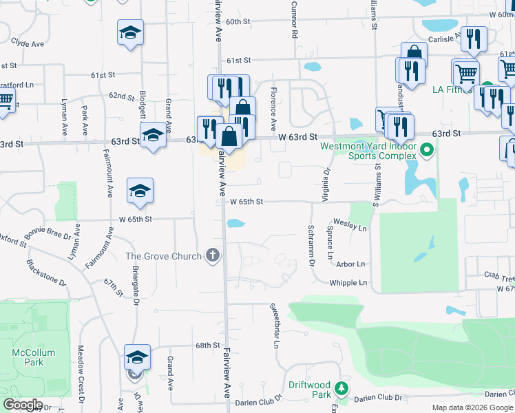 map of restaurants, bars, coffee shops, grocery stores, and more near 700 65th Street in Westmont