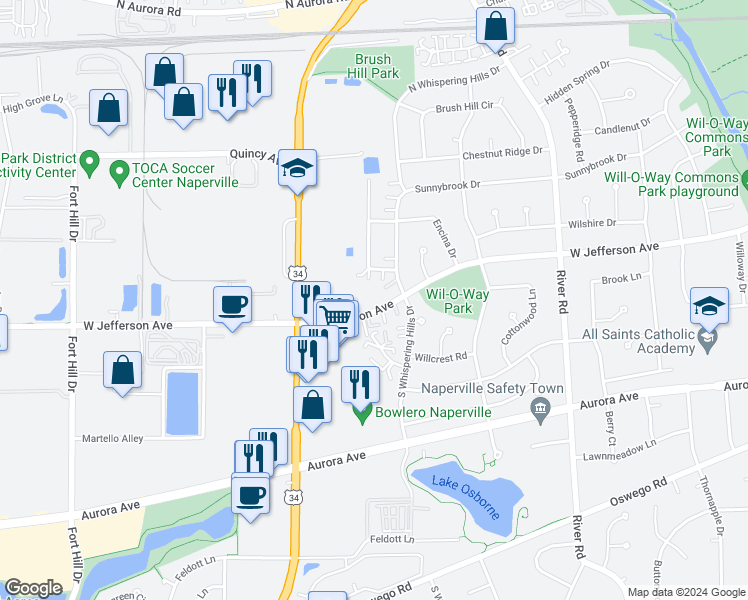 map of restaurants, bars, coffee shops, grocery stores, and more near 1505 West Jefferson Avenue in Naperville