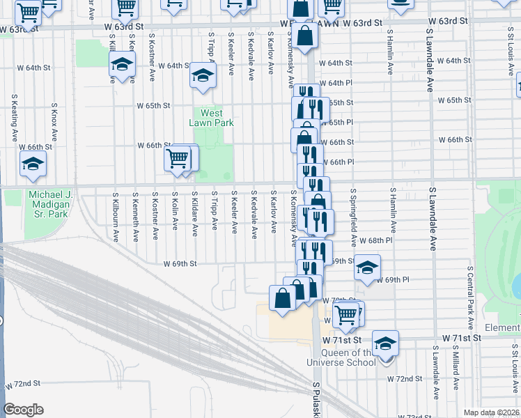 map of restaurants, bars, coffee shops, grocery stores, and more near 6727 South Kedvale Avenue in Chicago