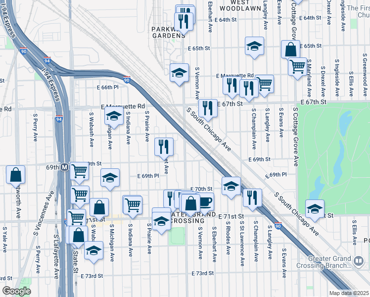 map of restaurants, bars, coffee shops, grocery stores, and more near 6829 South King Drive in Chicago