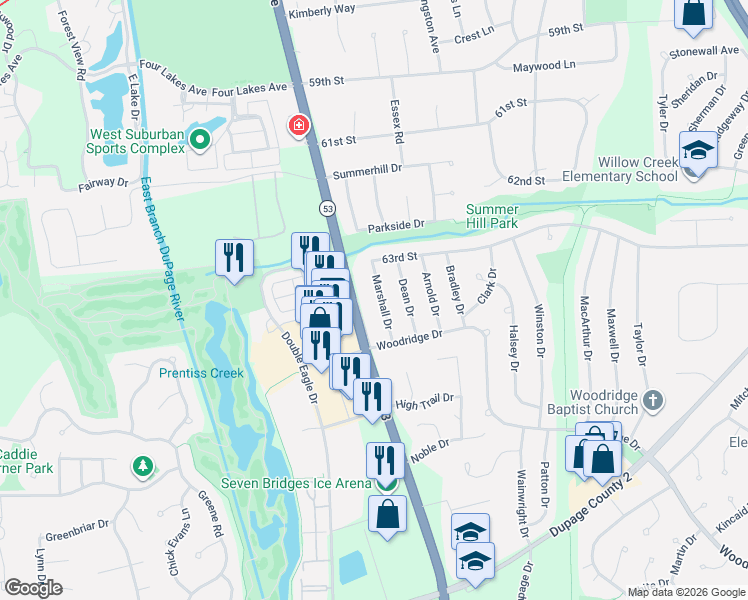 map of restaurants, bars, coffee shops, grocery stores, and more near 6405 Marshall Drive in Woodridge