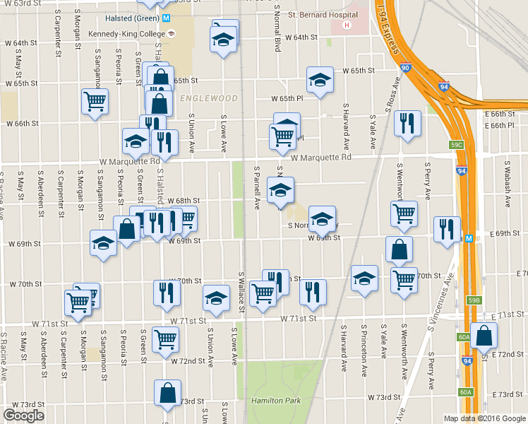 map of restaurants, bars, coffee shops, grocery stores, and more near 6819 South Parnell Avenue in Chicago