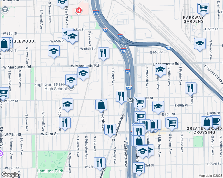 map of restaurants, bars, coffee shops, grocery stores, and more near 6806 South Perry Avenue in Chicago