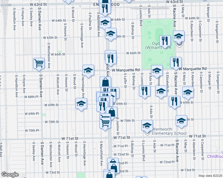 map of restaurants, bars, coffee shops, grocery stores, and more near 6758 South Justine Street in Chicago
