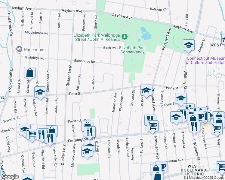map of restaurants, bars, coffee shops, grocery stores, and more near 235 Fern Street in West Hartford