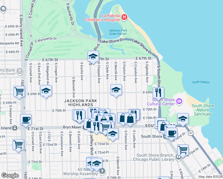 map of restaurants, bars, coffee shops, grocery stores, and more near 6849 South Clyde Avenue in Chicago