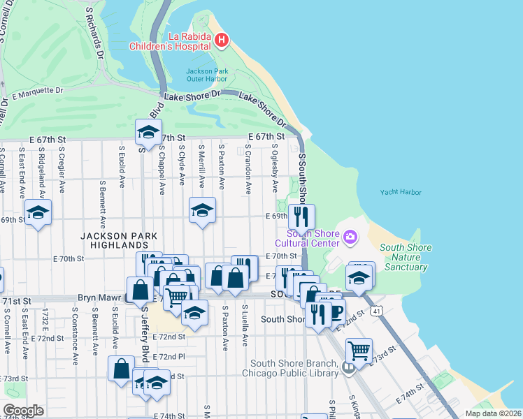 map of restaurants, bars, coffee shops, grocery stores, and more near 6842 South Oglesby Avenue in Chicago