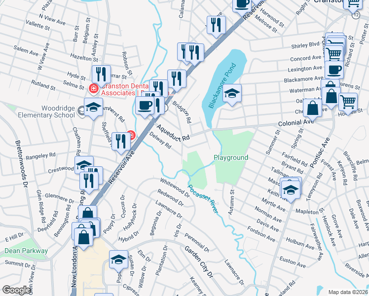 map of restaurants, bars, coffee shops, grocery stores, and more near 292 Aqueduct Road in Cranston