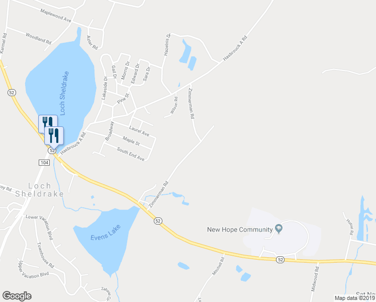 map of restaurants, bars, coffee shops, grocery stores, and more near 55 Zimmerman Road in Hurleyville