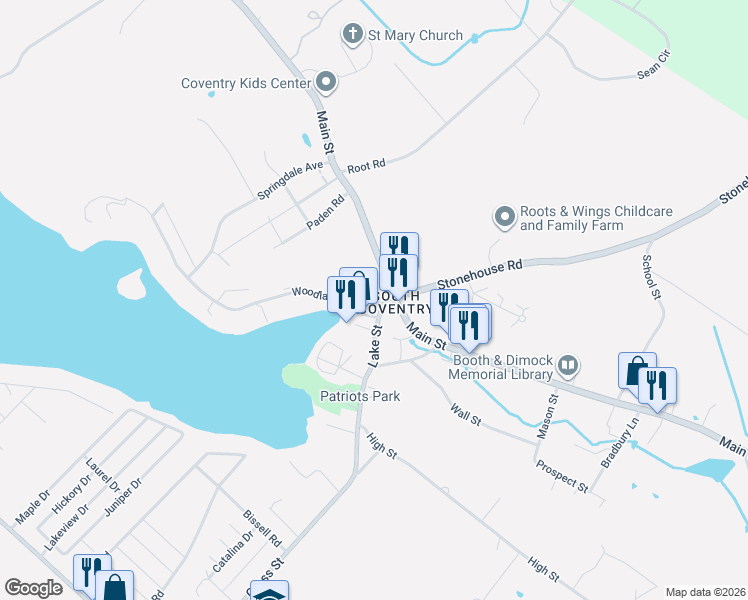 map of restaurants, bars, coffee shops, grocery stores, and more near 16 Lake Street in Coventry