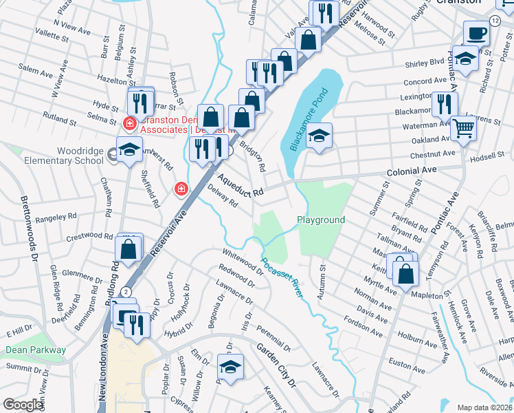 map of restaurants, bars, coffee shops, grocery stores, and more near 292 Aqueduct Road in Cranston