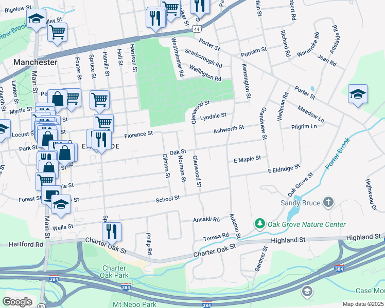 map of restaurants, bars, coffee shops, grocery stores, and more near 245 Oak Street in Manchester