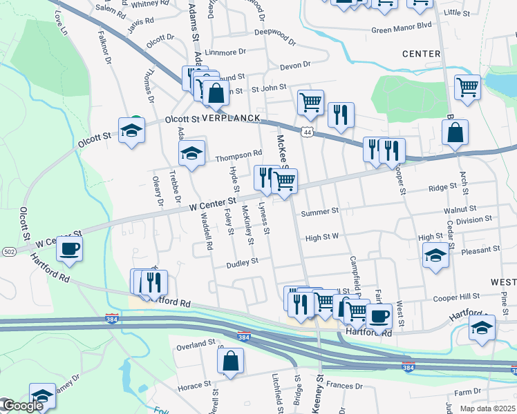 map of restaurants, bars, coffee shops, grocery stores, and more near 226 West Center Street in Manchester