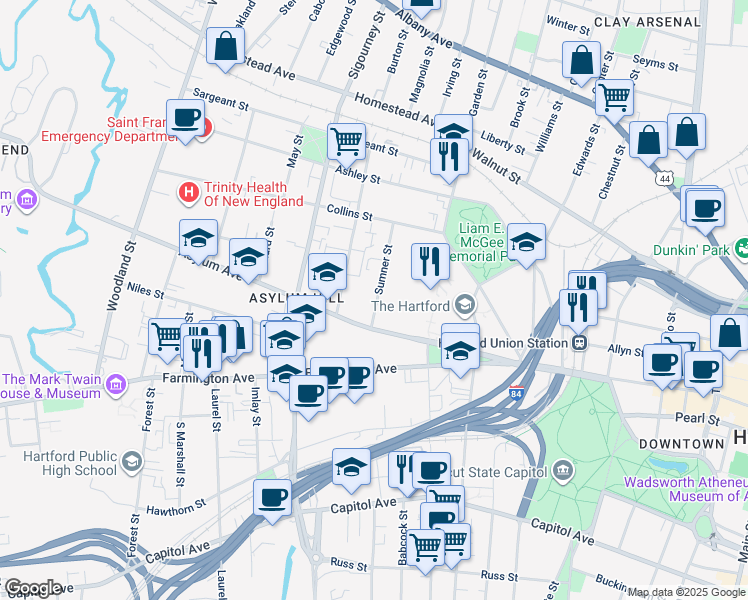 map of restaurants, bars, coffee shops, grocery stores, and more near 33 Sumner Street in Hartford