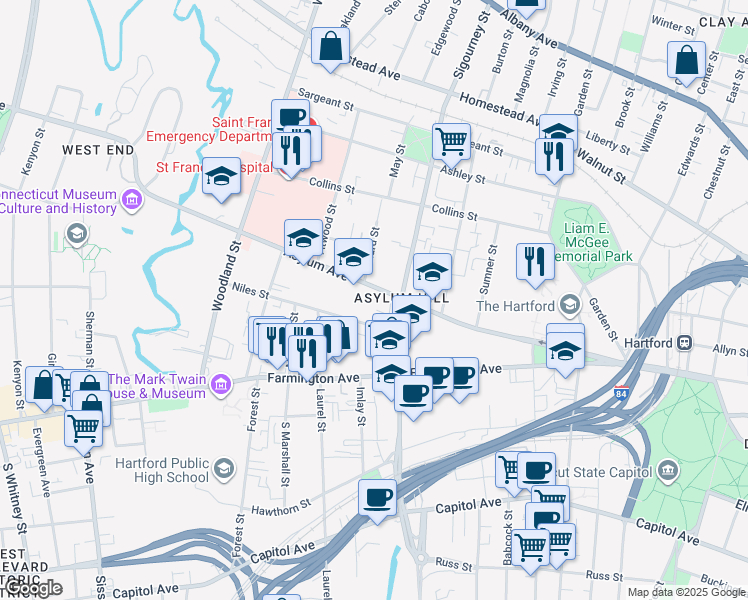 map of restaurants, bars, coffee shops, grocery stores, and more near 896 Asylum Avenue in Hartford