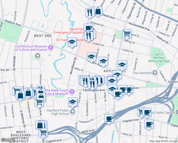 map of restaurants, bars, coffee shops, grocery stores, and more near 86 Gillett Street in Hartford