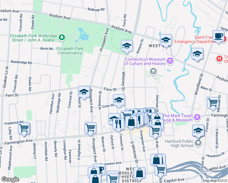 map of restaurants, bars, coffee shops, grocery stores, and more near 82 Fern Street in Hartford