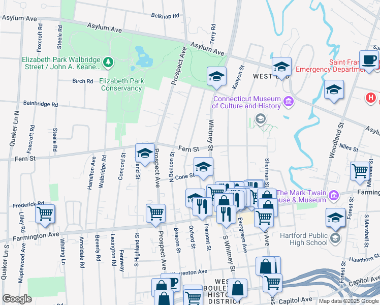 map of restaurants, bars, coffee shops, grocery stores, and more near 211 Oxford Street in Hartford