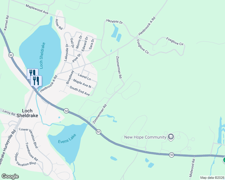 map of restaurants, bars, coffee shops, grocery stores, and more near 55 Zimmerman Road in Hurleyville