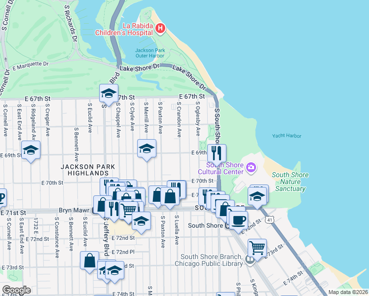 map of restaurants, bars, coffee shops, grocery stores, and more near 6840 South Crandon Avenue in Chicago