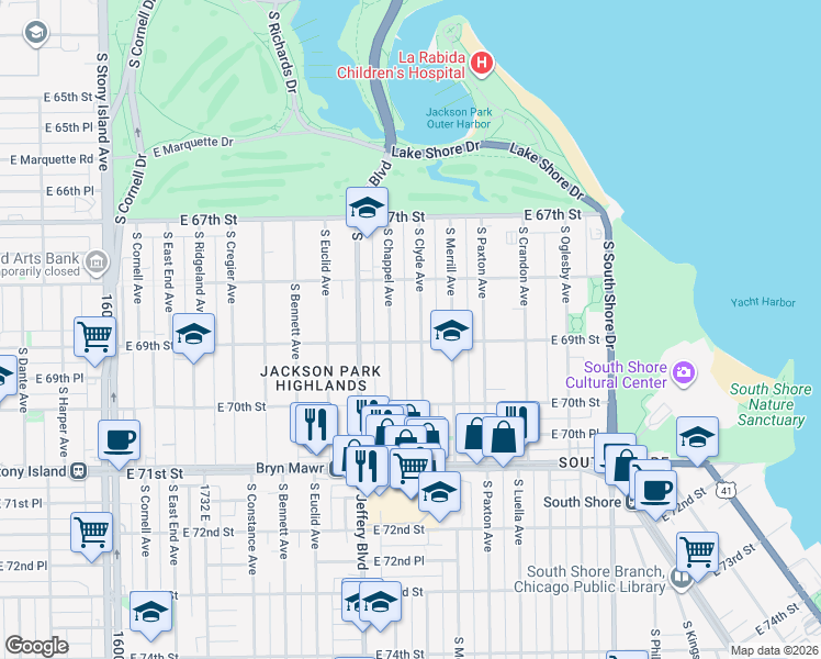 map of restaurants, bars, coffee shops, grocery stores, and more near 6832 South Clyde Avenue in Chicago