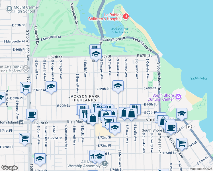 map of restaurants, bars, coffee shops, grocery stores, and more near 6832 South Clyde Avenue in Chicago