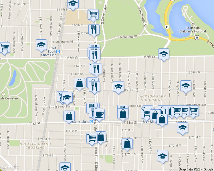 map of restaurants, bars, coffee shops, grocery stores, and more near 6832 South Cornell Avenue in Chicago