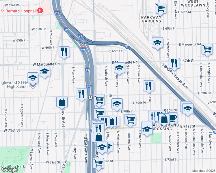 map of restaurants, bars, coffee shops, grocery stores, and more near 6820 South Michigan Avenue in Chicago
