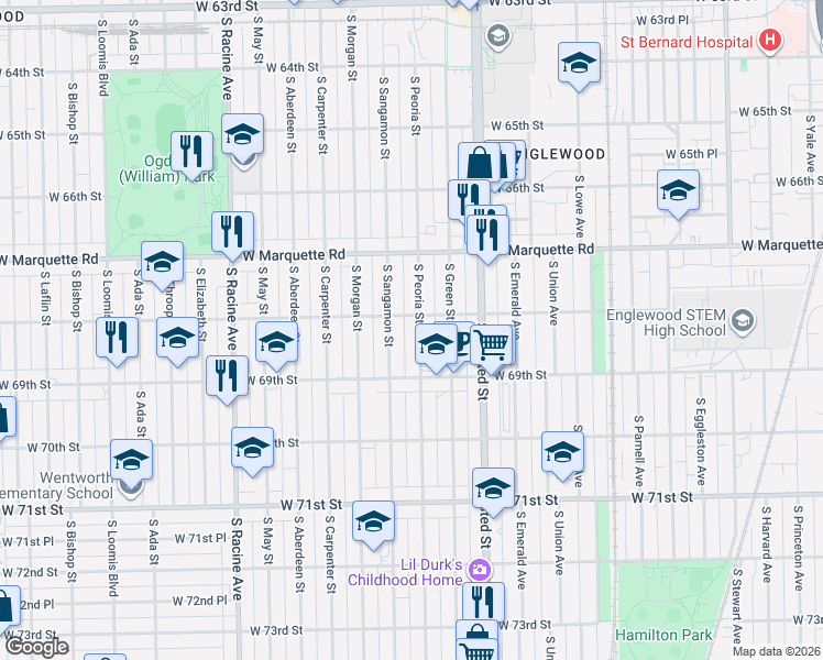 map of restaurants, bars, coffee shops, grocery stores, and more near 919 West 68th Street in Chicago