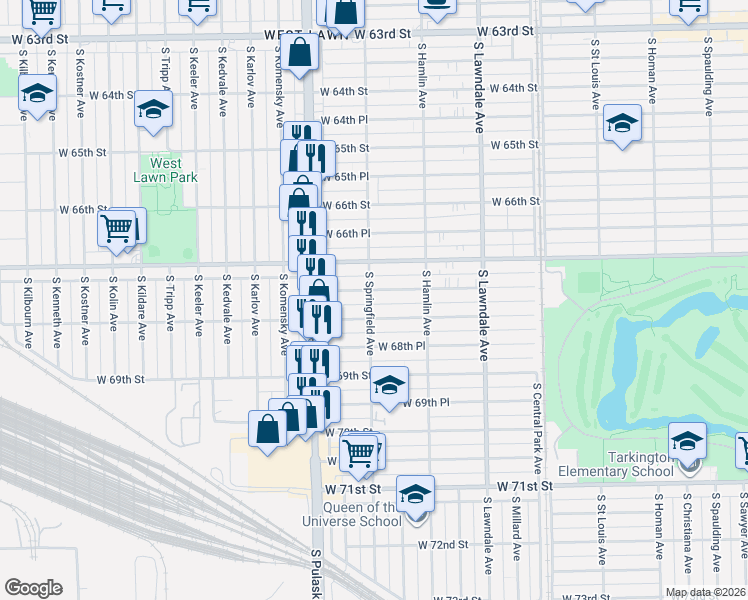 map of restaurants, bars, coffee shops, grocery stores, and more near 3858 West 67th Place in Chicago