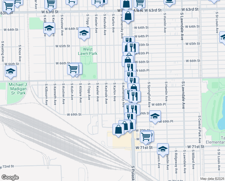 map of restaurants, bars, coffee shops, grocery stores, and more near 6727 South Kedvale Avenue in Chicago