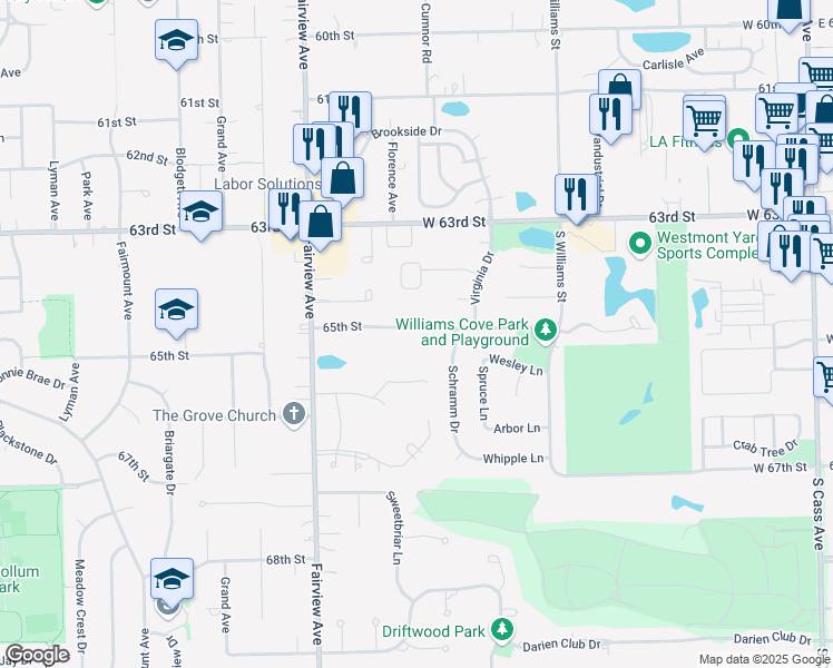 map of restaurants, bars, coffee shops, grocery stores, and more near 608 65th Street in Westmont