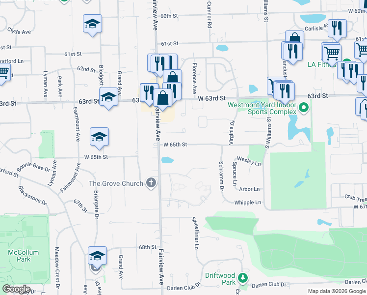 map of restaurants, bars, coffee shops, grocery stores, and more near 700 65th Street in Westmont