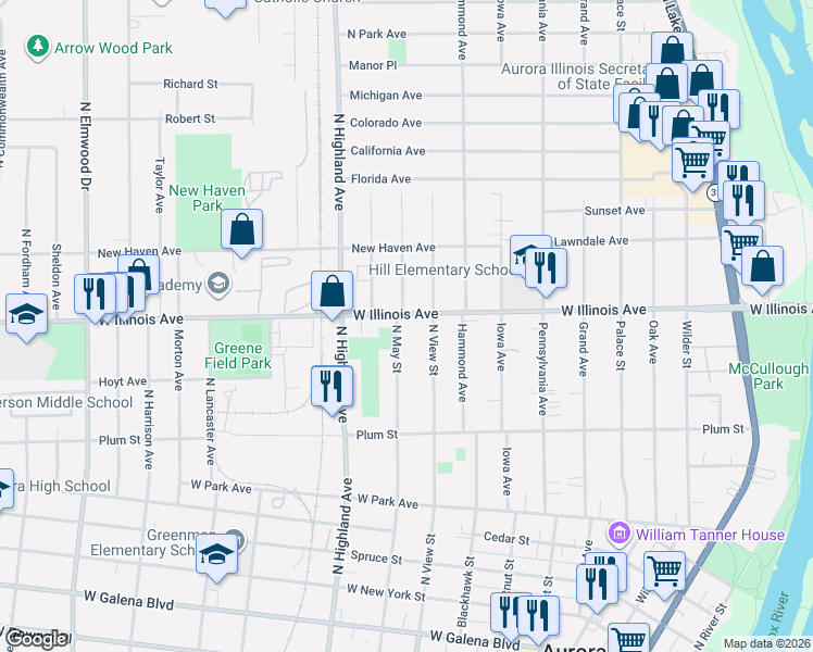 map of restaurants, bars, coffee shops, grocery stores, and more near 652 North View Street in Aurora